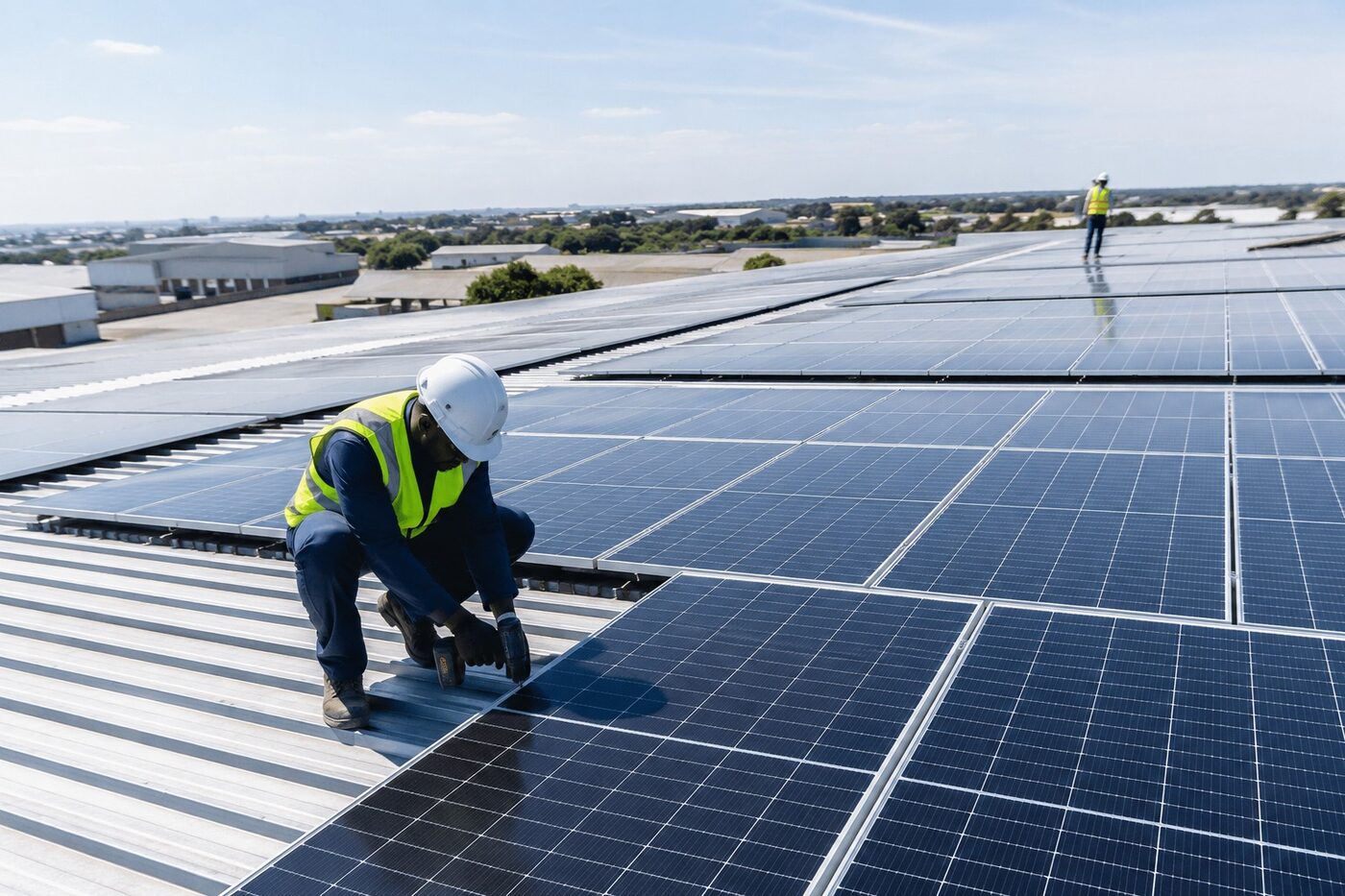 Técnico a realizar manutenção em sistema solar